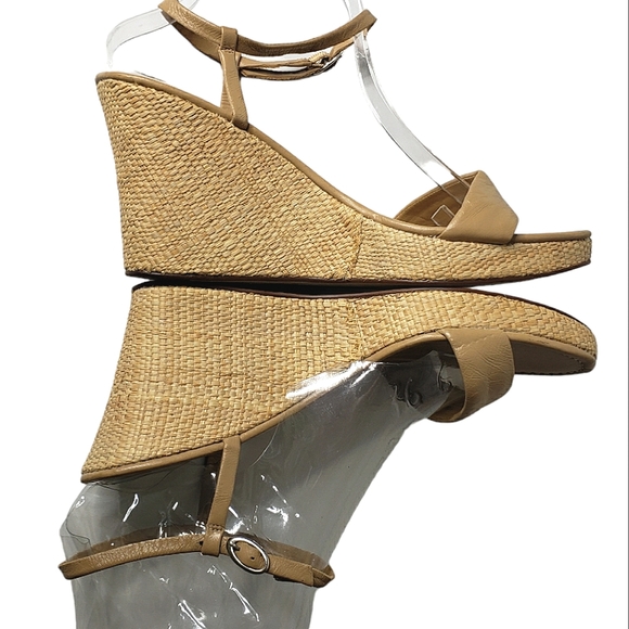 Spring Ann Taylor Wedge Strappy Floral Leather Straw Ankle Travel Summer Sand - Picture 4 of 13